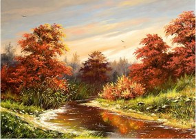 Sklenený obraz rieky v jesennej krajine, olejomaľba (70x50 cm)