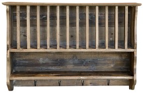 Hnedá antik drevená nástenná polička s priehradkami a háčikmi Plate Rack - 80*20*55 cm