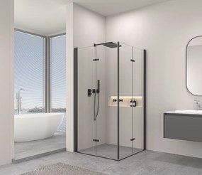 Erga Berlin Double, sprchový kút s dvojitými skladacími dverami 75(dvere) x 110(dvere) x 195 cm, 6mm číre sklo, čierny profil, ERG-V02-BERLIN-D075D110-CL-BK