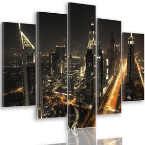 Obraz na plátně pětidílný Dubaj v noci Panorama města - 200x100 cm