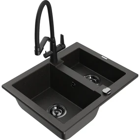 Mexen Carlos, 1,5-komorový granitový drez 582x475x177 mm a drezová batéria Duo, čierna-zlatá metalíza, 6518-75-671701-70-B