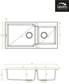 Laveo Milos, 2-komorový granitový drez 980x500x215 mm, čierna, LAV-SPM_B209