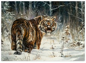 Sklenený obraz - Tiger v zasneženom lese, olejomaľba (70x50 cm)