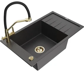 Mexen Elias, 1-komorový granitový drez 795x480x200 mm a drezová batéria Duo, čierna škvrnitá, 6511-76-671701-57-G