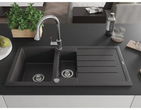 Mexen Andres, 1,5-komorový granitový drez 1000x500x200 mm a drezová batéria Elia, čierna škvrnitá, 6515-76-670101-00