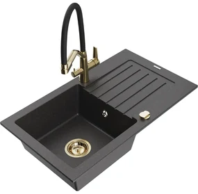 Mexen Pablo, granitový drez 752x436x161 mm, 1-komorový a drezová batéria Duo, čierna škvrnitá, 6510-76-671701-57-G