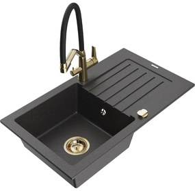 Mexen Pablo, granitový drez 752x436x161 mm, 1-komorový a drezová batéria Duo, čierna škvrnitá, 6510-76-671701-57-G