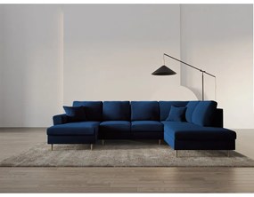 Modrá zamatová rozkladacia/s úložným priestorom rohová pohovka (pravý roh/do "U") Kyoto – Cosmopolitan Design