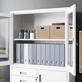 Kovová spisová skriňa so zásuvkami, vitrínou a trezorom FILIP, 900 x 1850 x 400 mm, biela