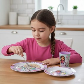 Sada plastového riadu Gábinin kúzelný domček s pohárikom - bez obsahu BPA – súprava 3 ks