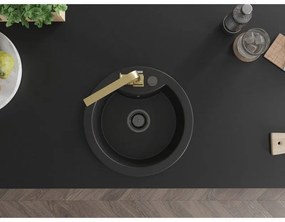 Mexen Diego, 1-komorový granitový drez 488x488x167 mm, čierny sifón, zlatá lesklá batéria Rita, čierna, 6512-77-670300-50-B