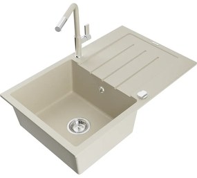 Mexen Bruno, 1-komorový granitový drez 795x495x200 mm a drezová batéria Flora, béžová, 6513-69-670401-09