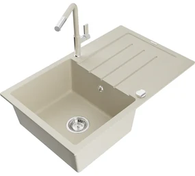 Mexen Bruno, 1-komorový granitový drez 795x495x200 mm a drezová batéria Flora, béžová, 6513-69-670401-09