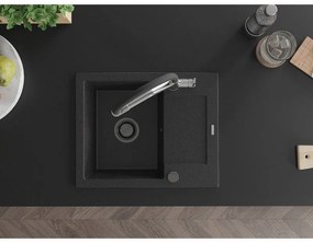 Mexen Enzo, granitový drez 576x465x174 mm, 1-komorový a drezová batéria Duo, čierna-strieborná metalíza, 6506-73-671701-07-B