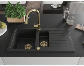 Mexen Matias, granitový drez 900x505x200 mm, 1,5-komorový, čierna-strieborná metalíza so zlatým sifónom, 6502901505-73-G