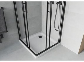 Mexen Rio, štvorcový sprchovací kút s posuvnými dverami 90(dvere) x 90(dvere) x 190 cm, 6mm číre sklo námraza, čierny profil + biela sprchová vanička SLIM, 860-090-090-70-00-4010B
