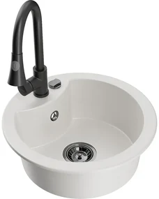 Mexen Diego, 1-komorový granitový drez 488x488x167 mm a drezová batéria Elia, biela, 6512-20-670101-70