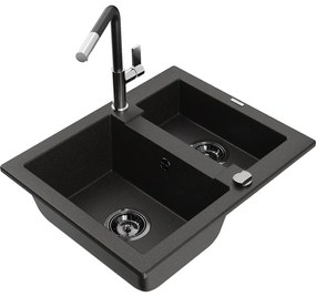 Mexen Carlos, 1,5-komorový granitový drez 582x475x177 mm a drezová batéria Flora, čierna-zlatá metalíza, 6518-75-670401-07-B