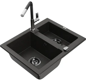 Mexen Carlos, 1,5-komorový granitový drez 582x475x177 mm a drezová batéria Flora, čierna-zlatá metalíza, 6518-75-670401-07-B