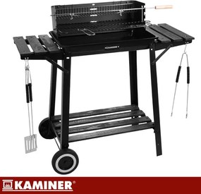 Záhradný gril na drevené uhlie s ražňom, horným roštom a policami