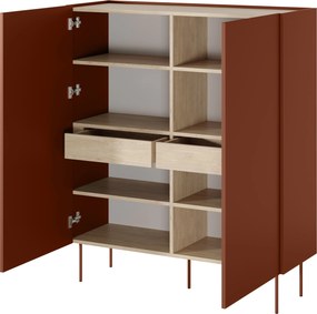 Vysoká komoda Desin 120 cm s dvoma dverami a skrytými zásuvkami - keramická červená / dub nagano