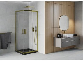 Mexen Rio, štvorcový sprchovací kút s posuvnými dverami 90(dvere) x 90(dvere) x 190 cm, 6mm číre sklo, zlatý profil + čierna sprchová vanička SLIM, 860-090-090-50-00-4070G