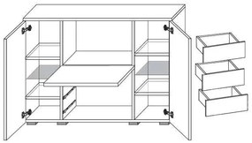 KOMODA BEATE LED ČIERNÁ + BIELE ZÁSUVKY + ČIERNY KORPUS VYSOKÝ LESK 136 cm