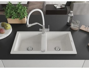 Mexen Mario, granitový drez 820x436x161 mm, 2-komorový a drezová batéria Duo, biela, 6504-20-671701-02