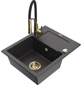 Mexen Enzo, 1-komorový granitový drez 576x465x174 mm a drezová batéria Aster, čierna škvrnitá, 6506-76-73450-57-G