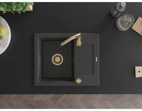 Mexen Enzo, granitový drez 576x465x174 mm, 1-komorový, čierna škvrnitá so zlatým sifónom, 6506571005-76-G