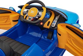 Ramiz Bugatti Chiron batérie pre deti Modrá + Diaľkové ovládanie + Nosič batožiny + EVA + Tlmiče + LED Audio