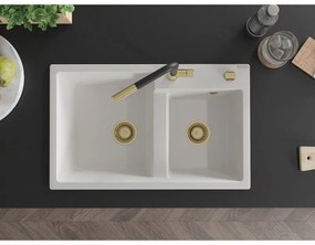 Mexen Tomas, 2-komorový granitový drez 800x500x190 mm a drezová batéria Flora, biela, 6516-20-670401-57-G