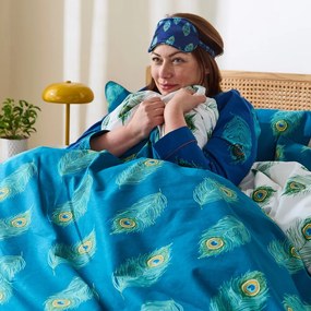 Biele/zelenomodré bavlnené obliečky na jednolôžko 135x200 cm Peacock Feather – Their Nibs