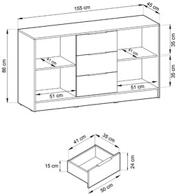 KOMODA LETIZIA S LAMELAMI DUB ARTISAN / ČIERNA 155 cm