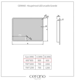 Cerano Grande, LED kúpeľňové zrkadlo 80x60 cm s vykurovacou podložkou proti zahmleniu, CER-CER-DY-2073H