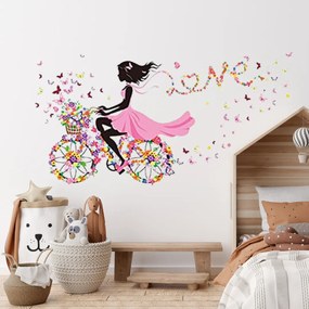 Samolepka na stenu "Dievča s motýľmi na bicykli" 140x70 cm