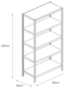 Bezskrutkový kovový regál 250x80x30cm T profil, 5 políc