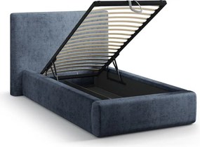 Tmavomodrá čalúnená jednolôžková posteľ s úložným priestorom s roštom 90x200 cm Amy – Micadoni