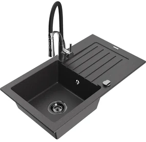 Mexen Pablo, 1-komorový granitový drez 752x436x161 mm a drezová batéria Aster, čierna škvrnitá, 6510-76-73450-07-B