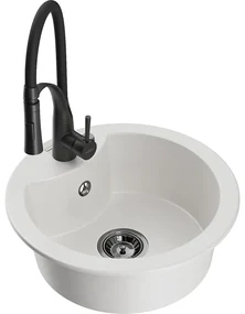 Mexen Diego, 1-komorový granitový drez 488x488x167 mm a drezová batéria Aster, biela, 6512-20-73450-70-B