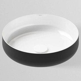 ALAPE AB.SO400.1 okrúhle umývadlo na dosku bez otvoru, bez prepadu, priemer 400 mm, matná čierna/biela lesklá, s povrchom ProShield, 3509000180