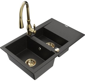 Mexen Gaspar, 1,5-komorový granitový drez 737x475x177 mm a drezová batéria Savita, čierna-zlatá metalíza, 6507-75-672601-50