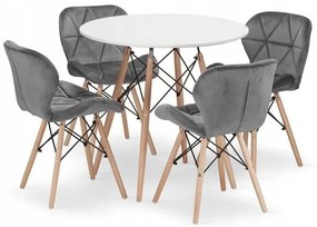 Jedálenská zostava TODI 80cm okrúhly stolový set biely + 4 stoličky LAGO sivé