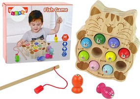 LEAN Toys Drevená hra na zručnosť chytanie rybičiek 2 prúty mačiatko