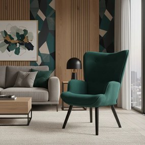 Kreslo ušiak CORDU + taburet — masív, manšestr, čierna / zelená