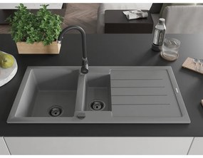 Mexen Andres, granitový drez 1000x500x200 mm, 1,5-komorový, šedá s čiernym sifónom a čierna drezová batéria Telma, 6515-71-670200-70-B