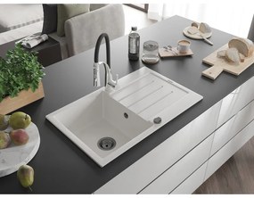 Mexen Bruno, 1-komorový granitový drez 795x495x200 mm a drezová batéria Aster, biela, 6513-20-73450-07-B