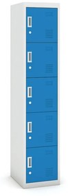 Šatníková skrinka s úložnými boxami, 5 boxov, 1800 x 380 x 450 mm, cylindrický zámok, sivá/modrá