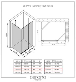 Cerano Marino, sprchovací kút 110(dvere) x 90(stena) x 190 cm, 6mm číre sklo, čierny profil, CER-CER-422889