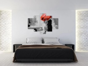 Obraz - Zamilovaný pár pod dáždnikom, červený (150x105 cm)
